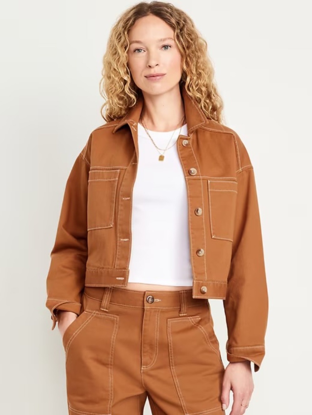 Old Navy crop utility jacket, mid-rise straight leg pants and mini skirt